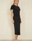 Yumi Black Ruched Waist Stretch Midi Dress