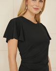 Yumi Black Ruched Waist Stretch Midi Dress