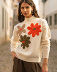 Yumi Ivory Knitted High Neck Jumper With Applique Flowers