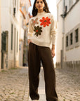 Yumi Ivory Knitted High Neck Jumper With Applique Flowers