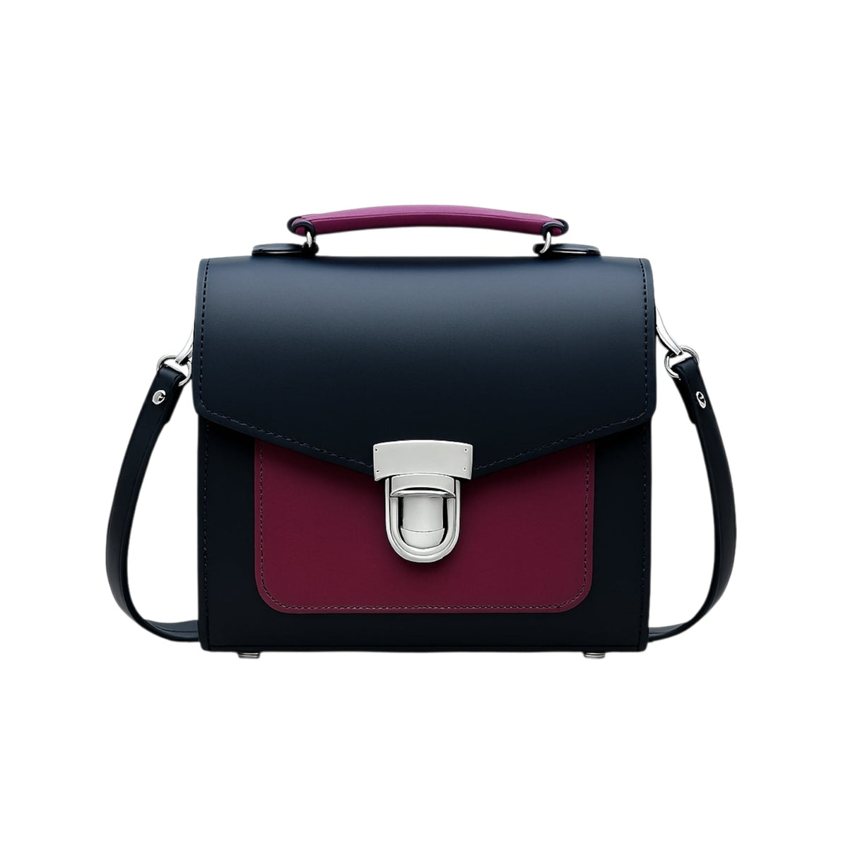 Handmade Leather Two Tone Sugarcube Handbag - Black &amp; Magenta