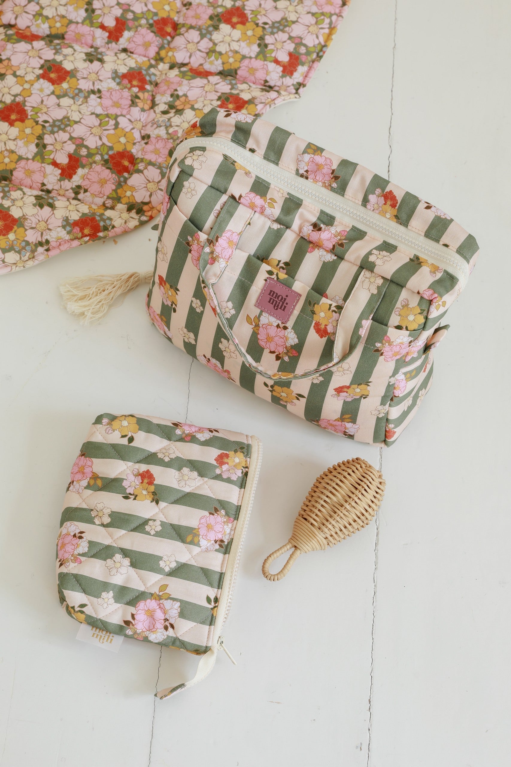 Green Striped Makeup Bag Set of Two