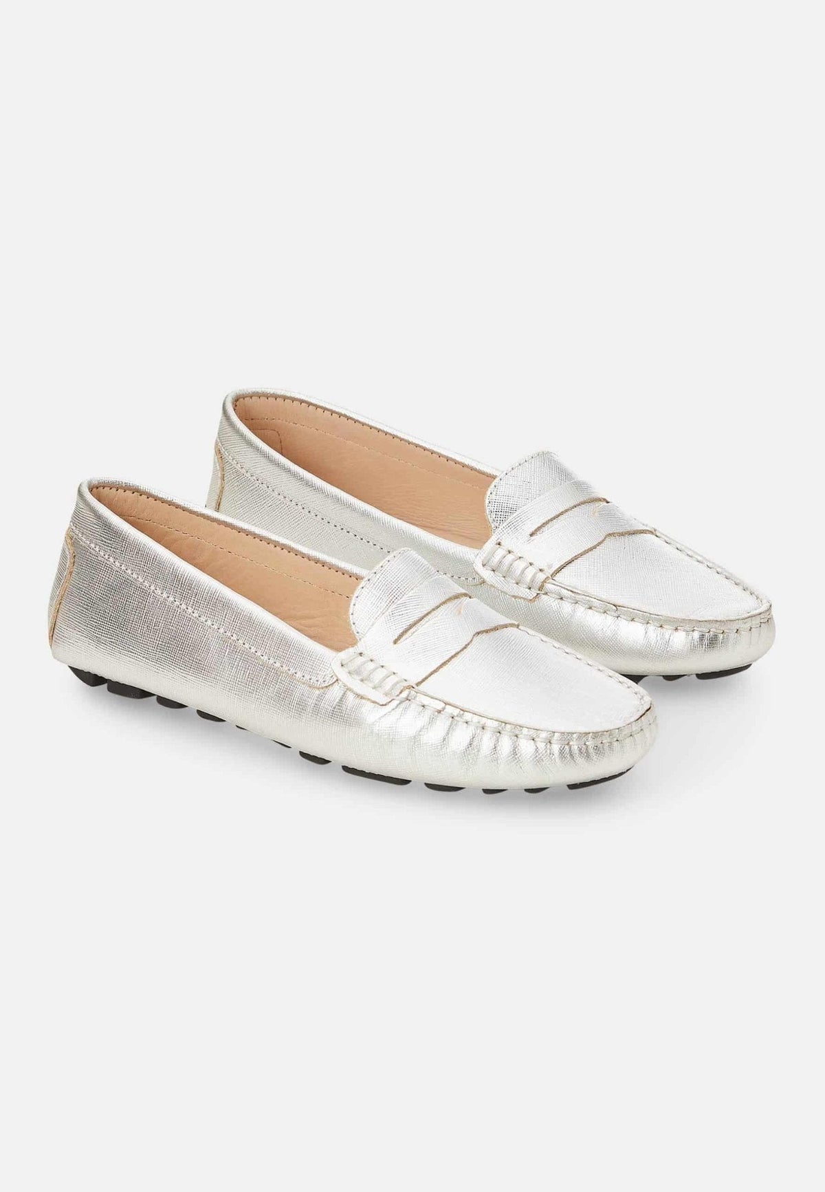 Angico Silver Leather Driving Loafers – Flat Penny Moccasins