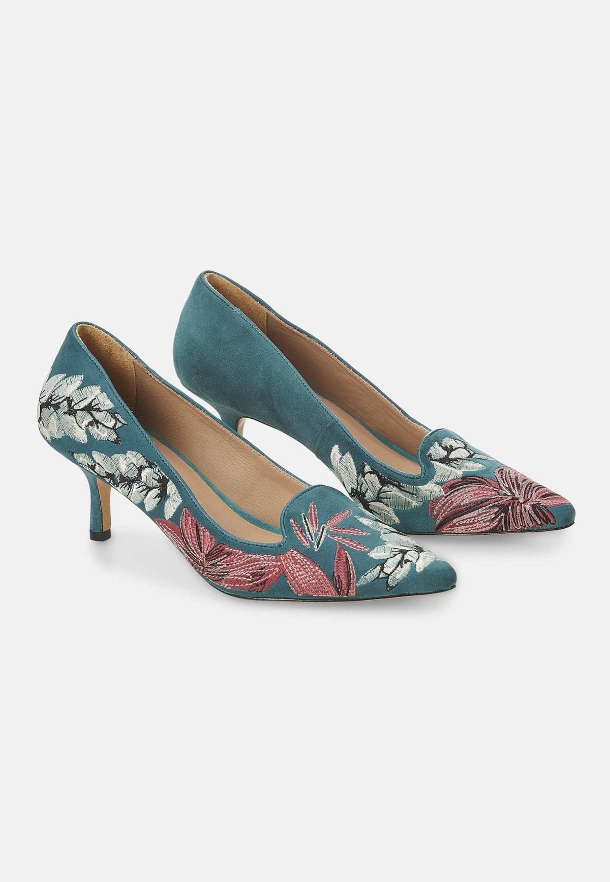Ipê Suede Turquoise Pumps – 6cm Embroidered Kitten Heel
