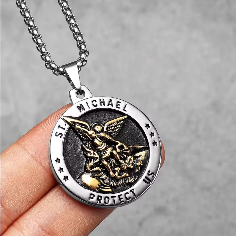 St. Michael Pendant Necklace - Men's Stainless Steel Religious Jewelry, Personalised