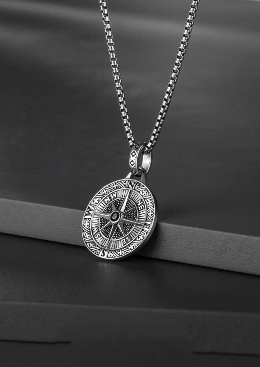 Personalised Men's Compass Necklace – Engraved Initial Pendant