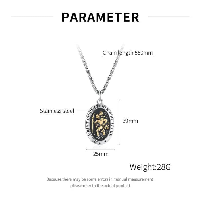 Saint Christopher Necklace - Men's Solid Stainless Steel Chain With Custom Engraved Pendant