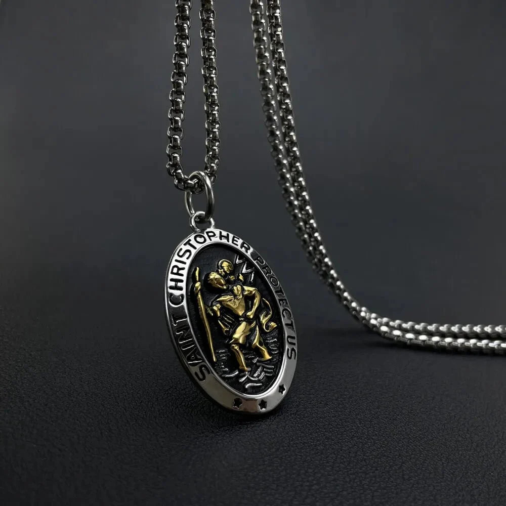 Saint Christopher Necklace - Men's Solid Stainless Steel Chain With Custom Engraved Pendant