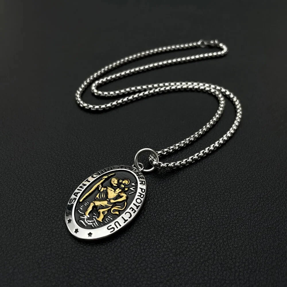 Saint Christopher Necklace - Men's Solid Stainless Steel Chain With Custom Engraved Pendant