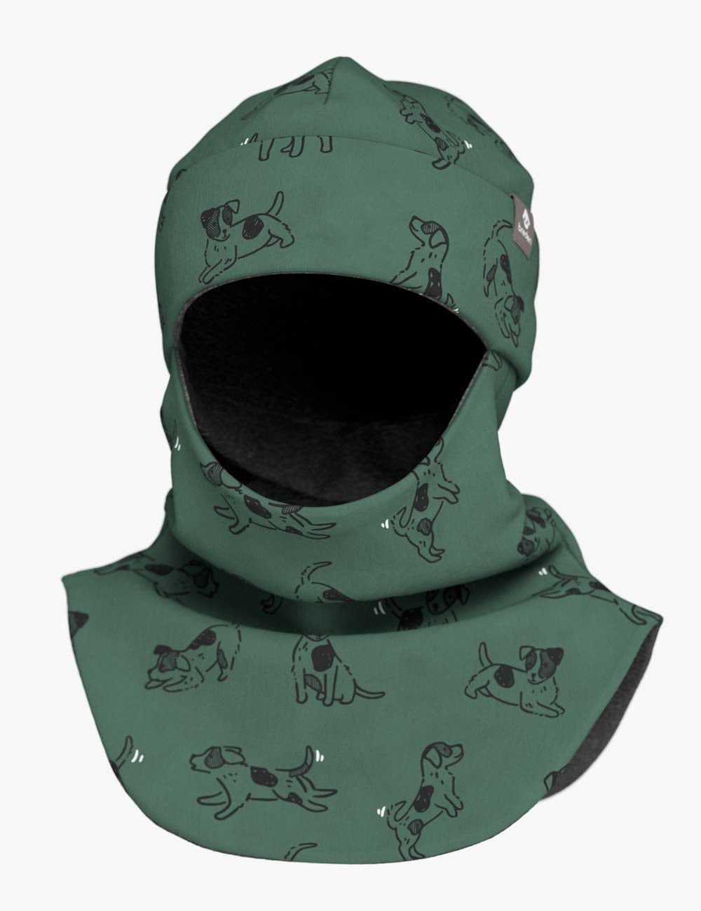 Cozy Merino Wool Balaclava for Kids in Green Dogs Print