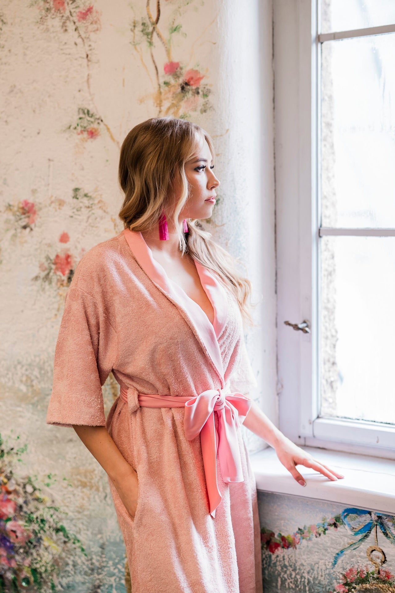 Mid-Length Bamboo Terry Robe for Women - Pink