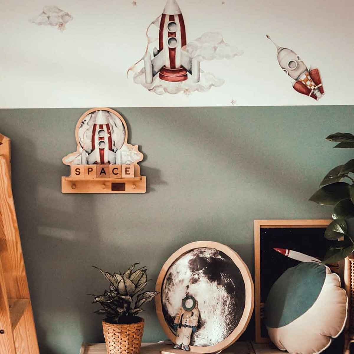 Rocketship Mini Wall Shelf with Dinosaur Design