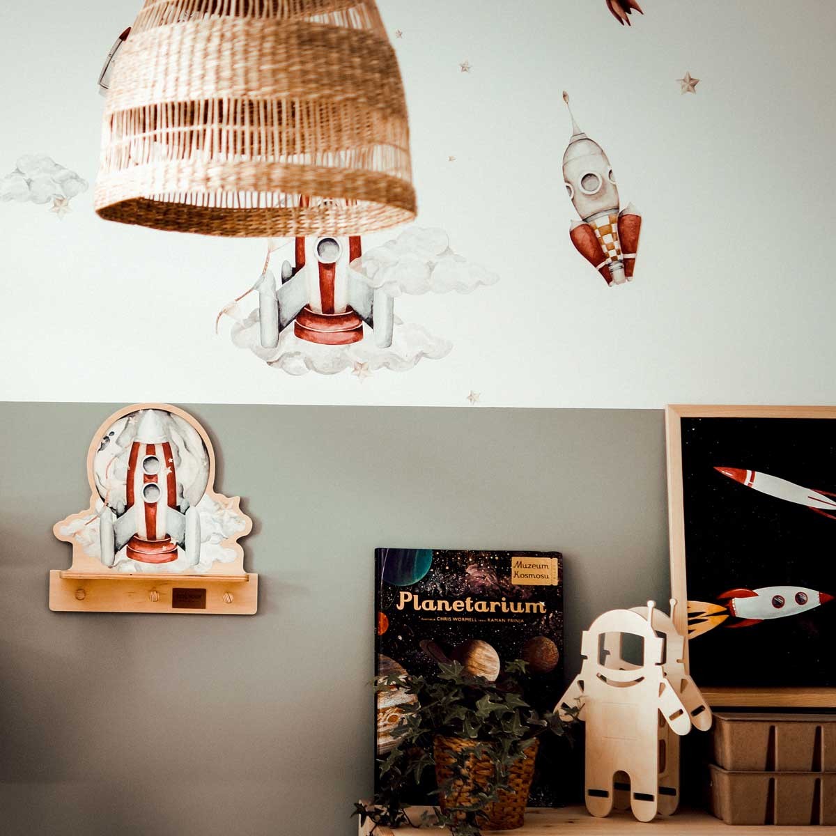 Rocketship Mini Wall Shelf with Dinosaur Design