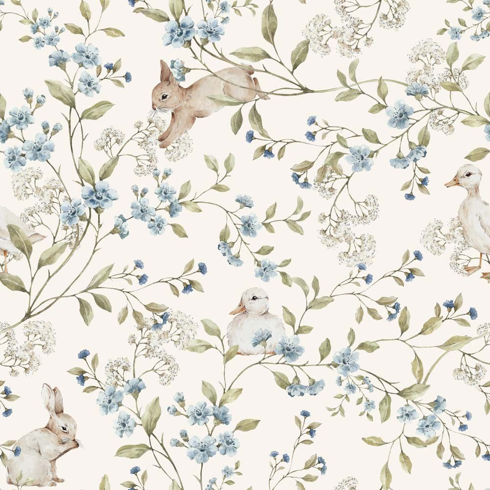 Meadow Friends Wallpaper with Ducks and Bunnies