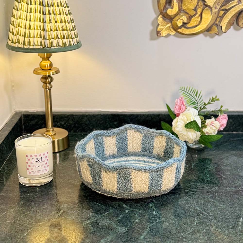 Stripy Scalloped Small Basket - Dusty Blue