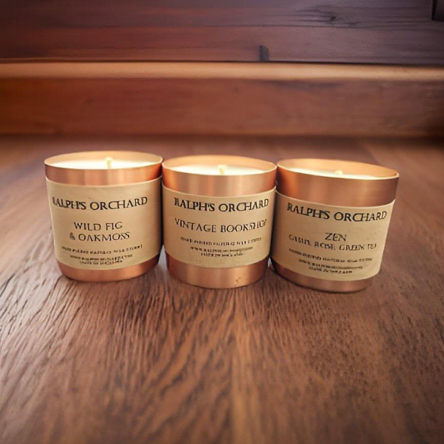 Premium mini scented candles gift set, luxury hand-poured wild fig, vintage bookshop, zen, best-selling fragrances, stylish home decor by Ralph's Orchard at brixbailey.com