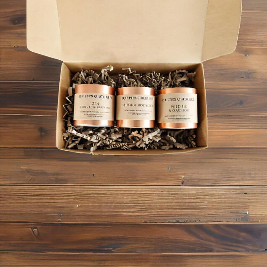 Luxury mini scented candles gift set, best-selling scents Vintage Bookshop, Zen, Wild Fig & Oakmoss, hand-poured in England by Ralph's Orchard at brixbailey.com