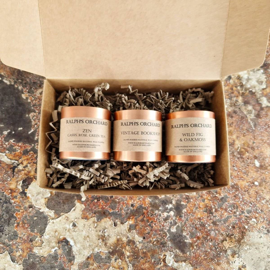 Premium mini scented candles gift set, luxury hand-poured trio in vintage bookshop, zen, wild fig oakmoss, best-selling elegant home decor by Ralph's Orchard at brixbailey.com