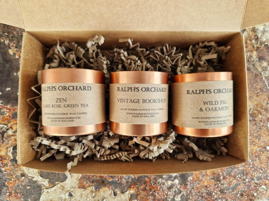Luxury mini scented candles gift set, bestselling trio of vintage bookshop, zen, wild fig and oakmoss, hand-poured in England, cruelty-free, eco-friendly by Ralph's Orchard at brixbailey.com