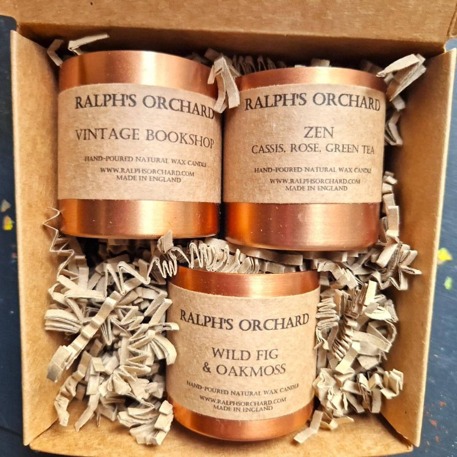 Luxury mini scented candles gift set, best-selling vintage bookshop zen wild fig oakmoss, hand-poured premium soy candles, elegant home decor by Ralph's Orchard at brixbailey.com