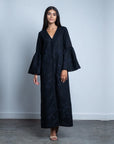 Luxury black upcycled cotton Mitsy applique dress with bell sleeves, handcrafted embroidery, front placket, sustainable stylish limited edition by Bethikal at brixbailey.com
