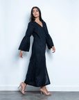 Luxury black upcycled cotton Mitsy dress with applique embroidery, bell sleeves, front placket, versatile regular fit by Bethikal at brixbailey.com
