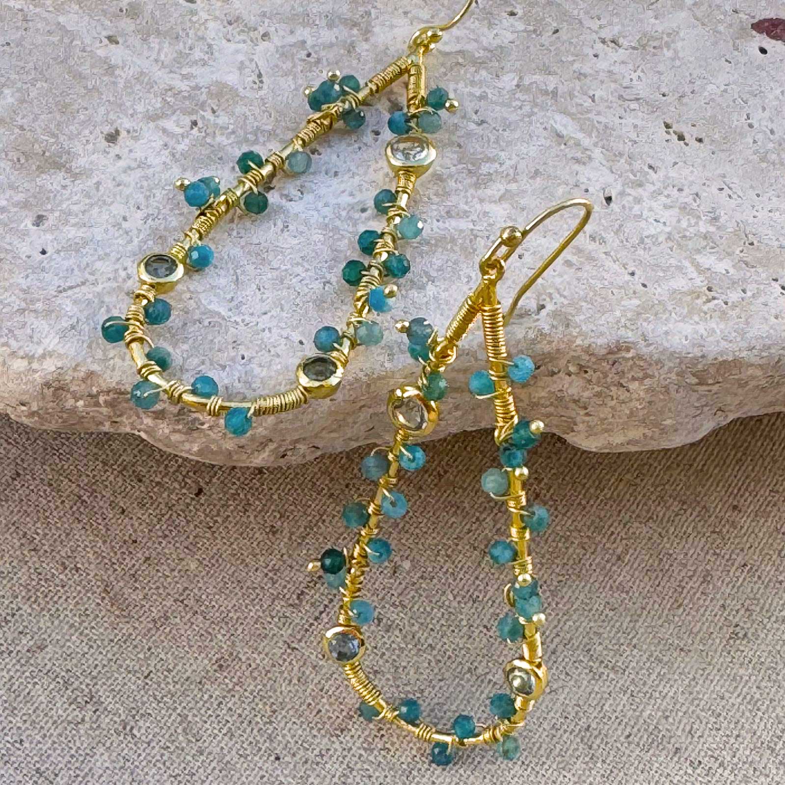 Large Teardrop Wire Wrapped Blue Gemstone Earrings