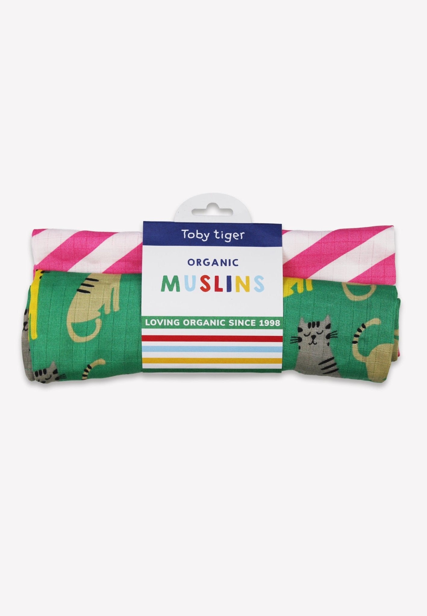 Premium Organic Cotton Muslin Swaddle Blankets 2-Pack with Kitten Print and Stripes - Super Soft, Skin-Friendly, GOTS Certified by Toby Tiger at brixbailey.com