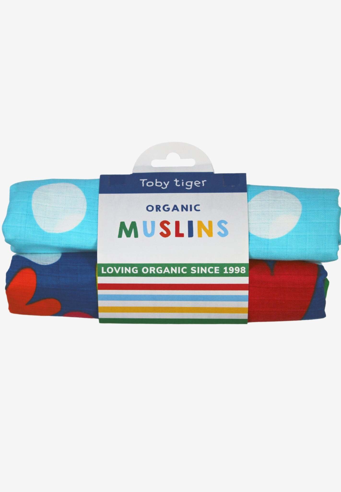 Luxury Multicolor Heart Print Blue and Pink Organic Baby Wrap, 100% GOTS-Certified Cotton, Soft and Eco-Friendly by Toby Tiger at brixbailey.com