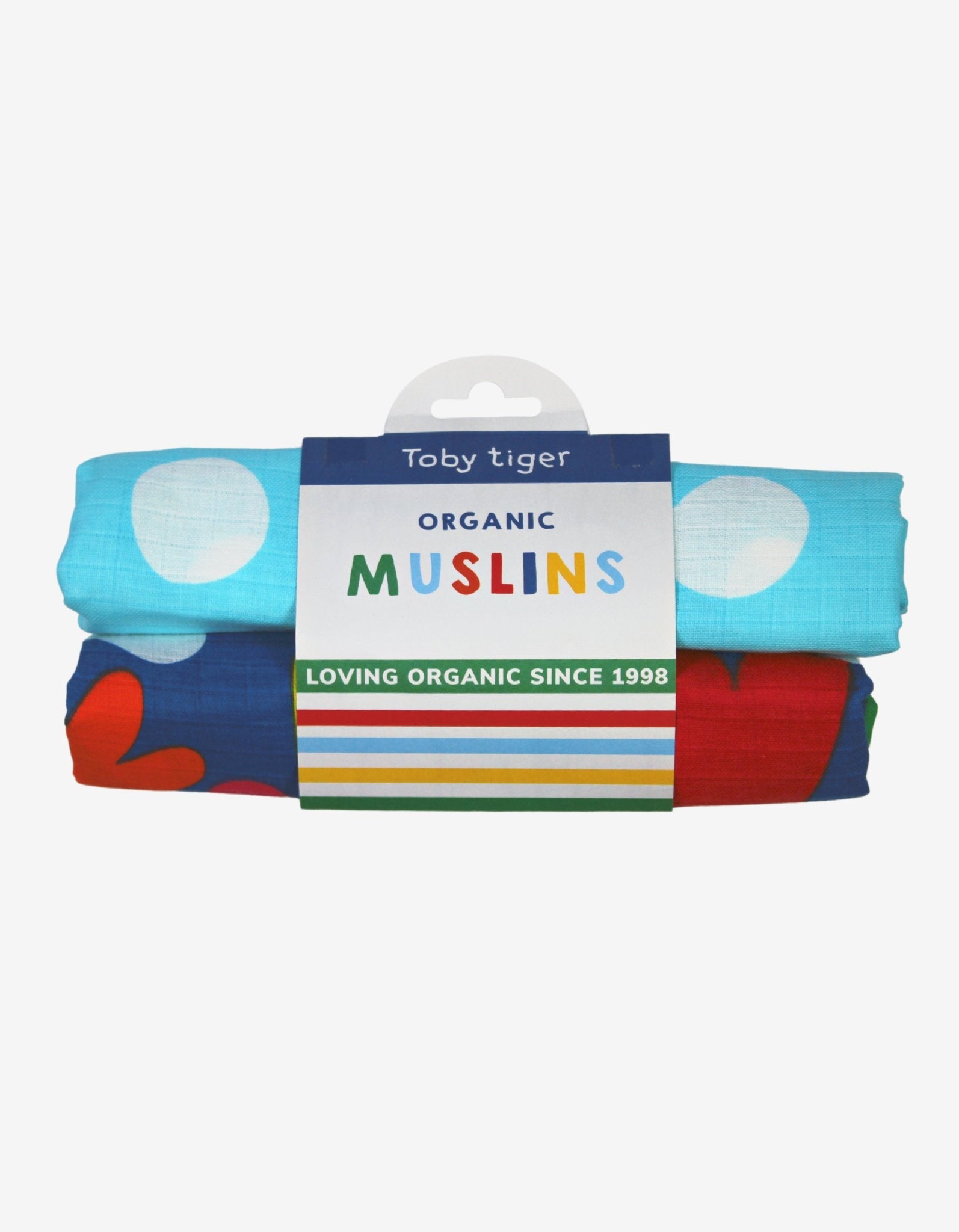 Luxury Multicolor Heart Print Baby Wrap with Soft Blue and Pink Stripes, 100% Organic Cotton, GOTS Certified by Toby Tiger at brixbailey.com