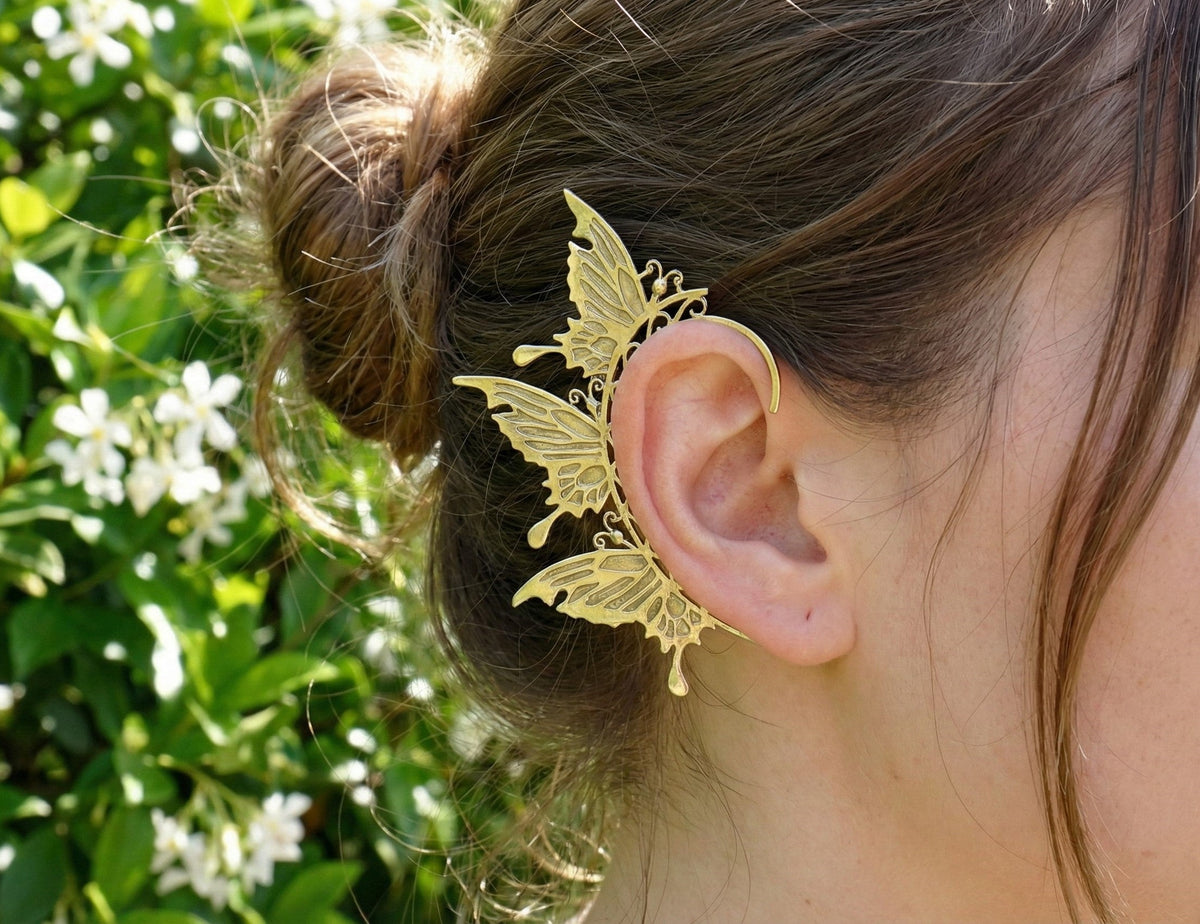 Boho Butterfly Filigree Ear Cuff - No Piercing Wrap Earring in Gold and Silver