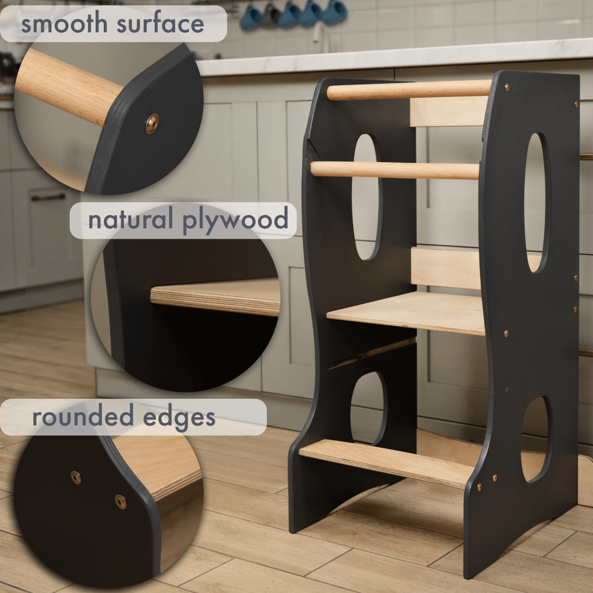 Stable Montessori Learning Tower: Wooden Growing Chair - Grey-3