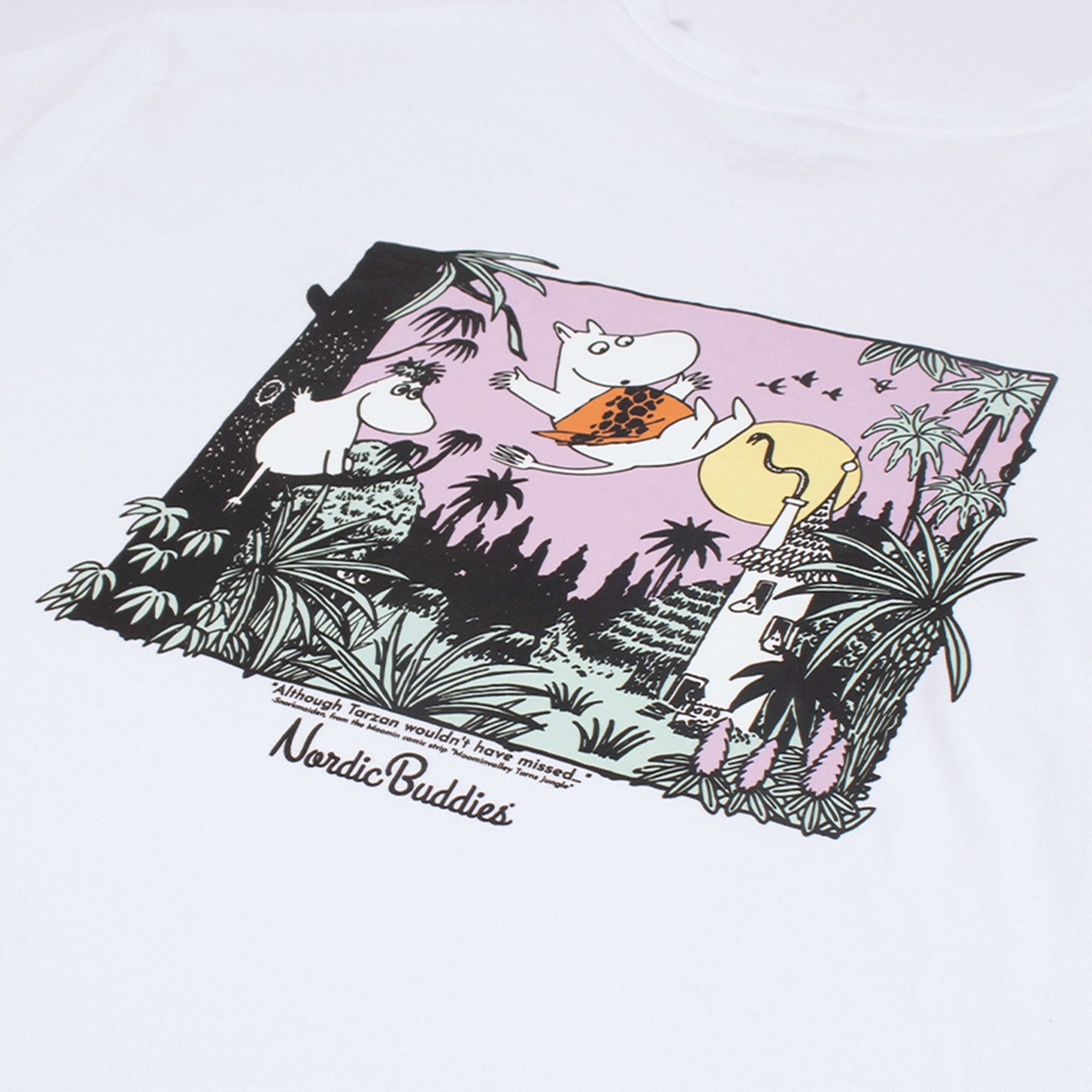 playful moomintroll jungle t-shirt on a model laughing in golden hour light