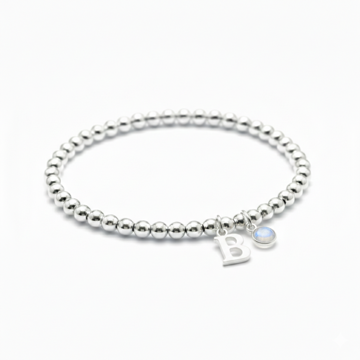 Personalised June Birthstone, Initial Letter &amp; Moonstone Charm Bracelet