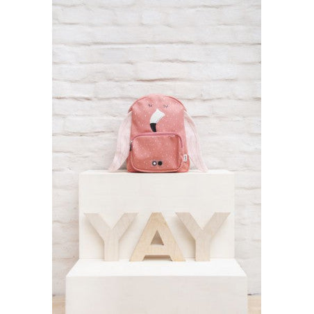playful mrs flamingo kids backpack on a sunny adventure, showing its fun cotton design