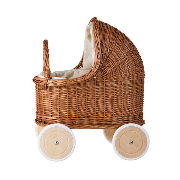 Natural Wicker Doll Pram with Beige Bedding