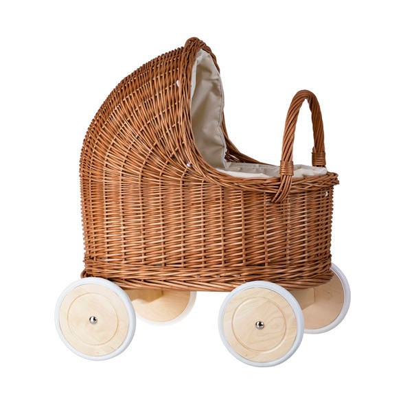 Natural Wicker Doll Pram with Beige Bedding