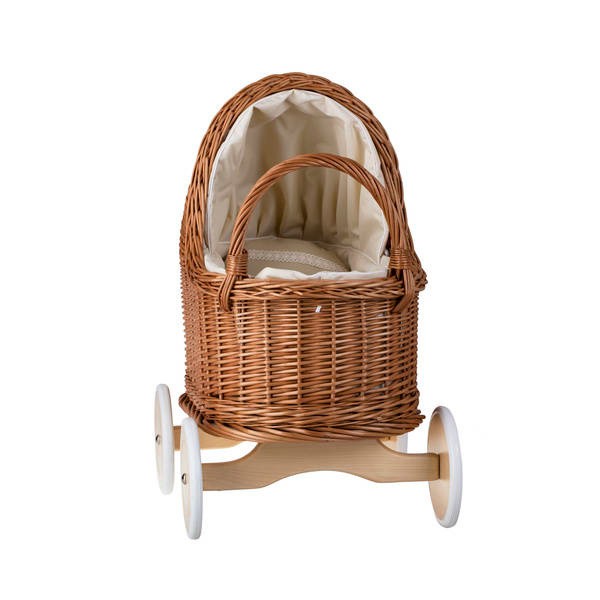 Natural Wicker Doll Pram with Beige Bedding
