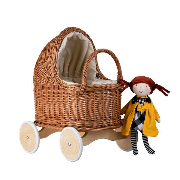 Natural Wicker Doll Pram with Beige Bedding
