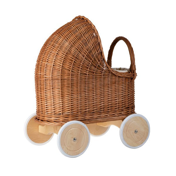 Natural Wicker Doll Pram with Beige Bedding
