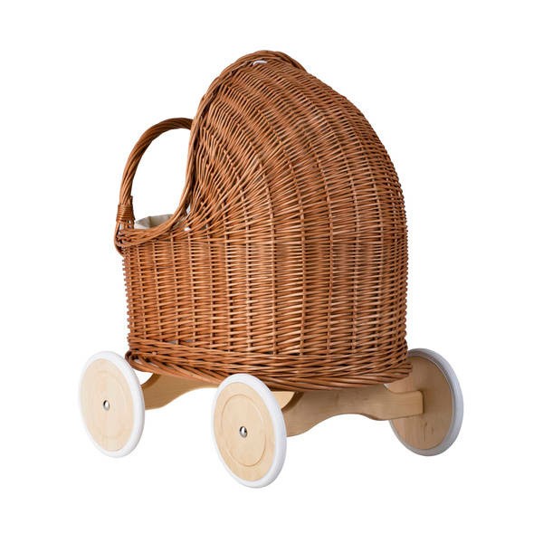 Natural Wicker Doll Pram with Beige Bedding