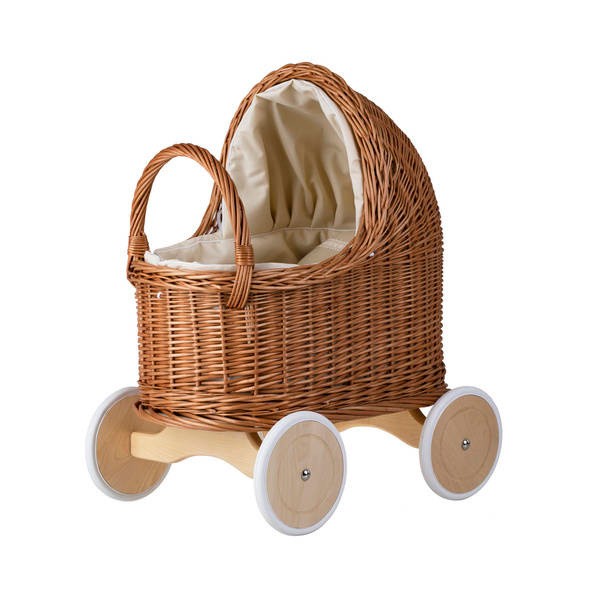 Natural Wicker Doll Pram with Beige Bedding