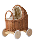 Natural Wicker Doll Pram with Beige Bedding