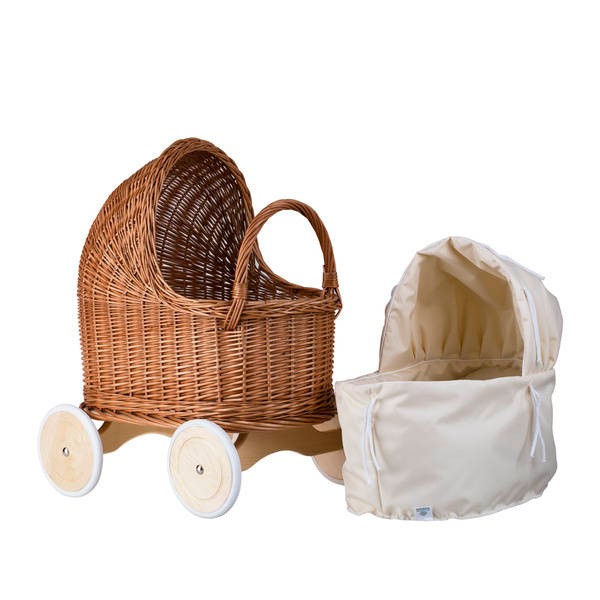 Natural Wicker Doll Pram with Beige Bedding