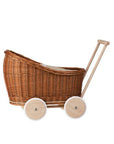 Natural Wicker Doll Pram with Beige Bedding