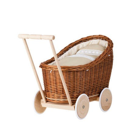 Natural Wicker Doll Pram with Beige Bedding