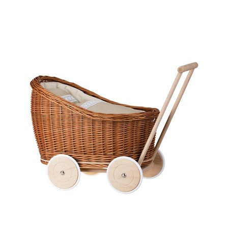 Natural Wicker Doll Pram with Beige Bedding