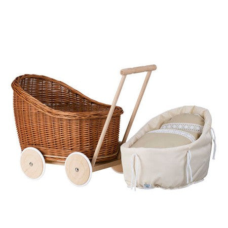 Natural Wicker Doll Pram with Beige Bedding