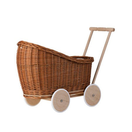 Natural Wicker Doll Pram with Beige Bedding