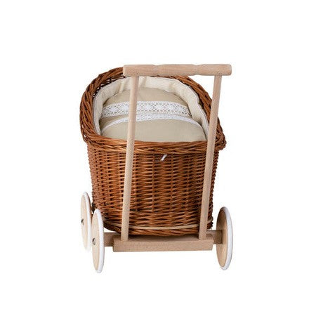 Natural Wicker Doll Pram with Beige Bedding